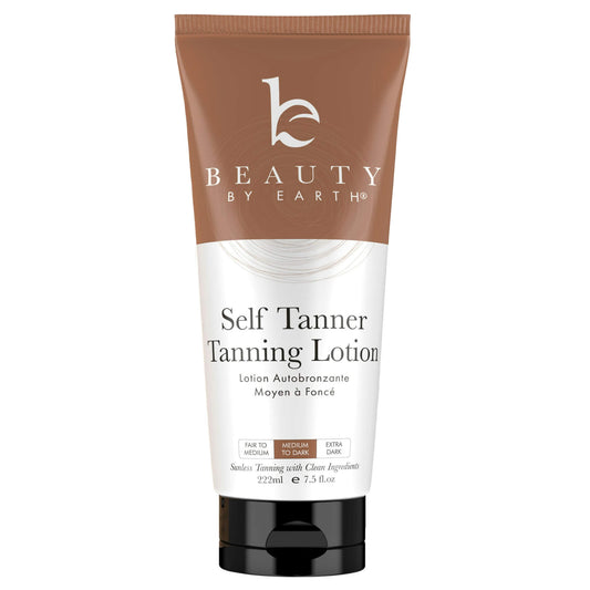 A tube of Beauty by Earth Self Tanner Tanning Lotion with a creamy, beige-colored liquid visible inside.