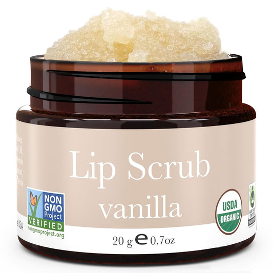 Jar of vanilla lip scrub with visible branding on a white background