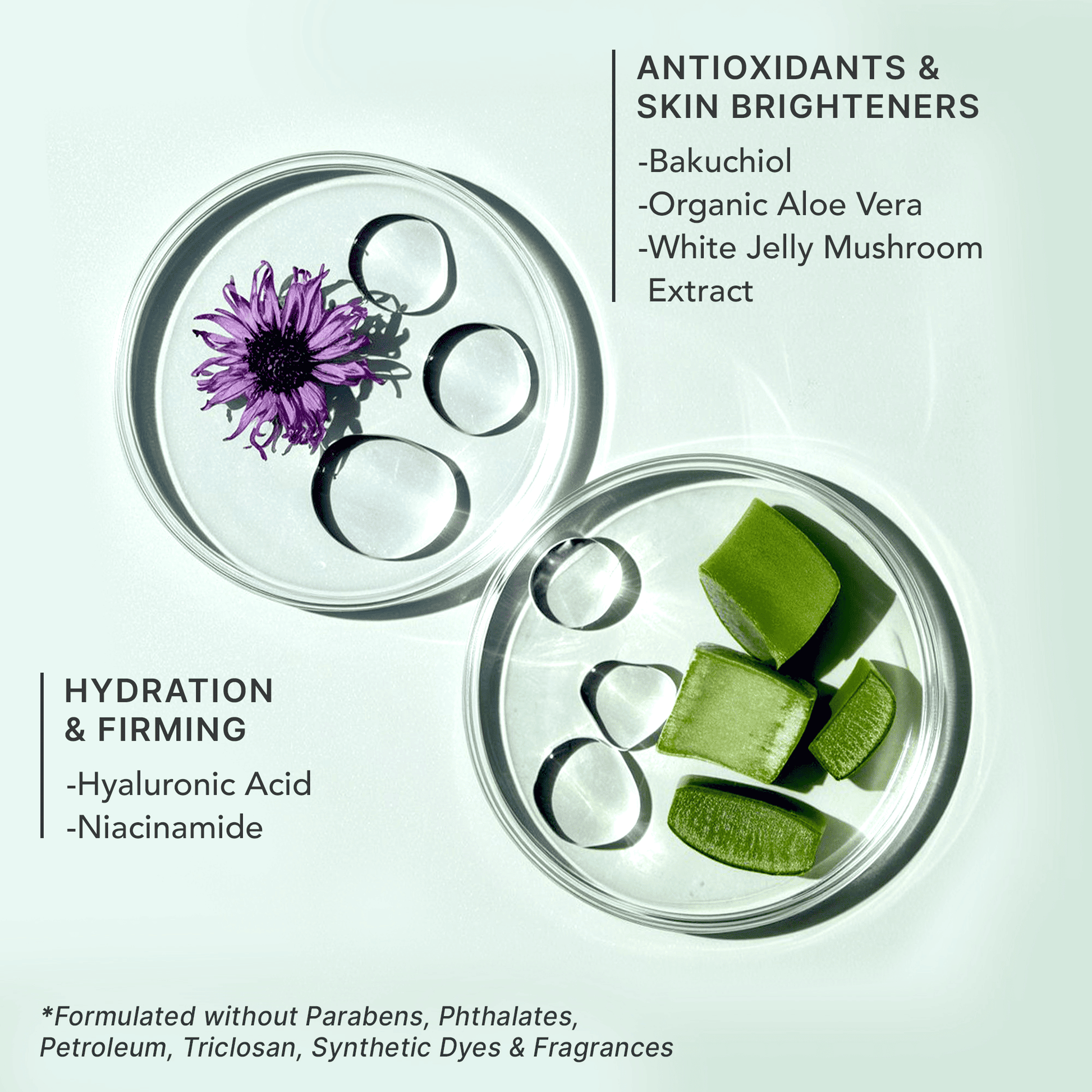Two glass bowls with green and purple ingredients on a light gray background, featuring text about antioxidants, skin brighteners, hydration, and firming.