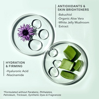 Two glass bowls with green and purple ingredients on a light gray background, featuring text about antioxidants, skin brighteners, hydration, and firming.