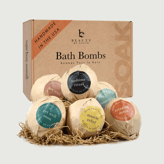 Beauty by Earth handmade in the USA bath bombs light gray background