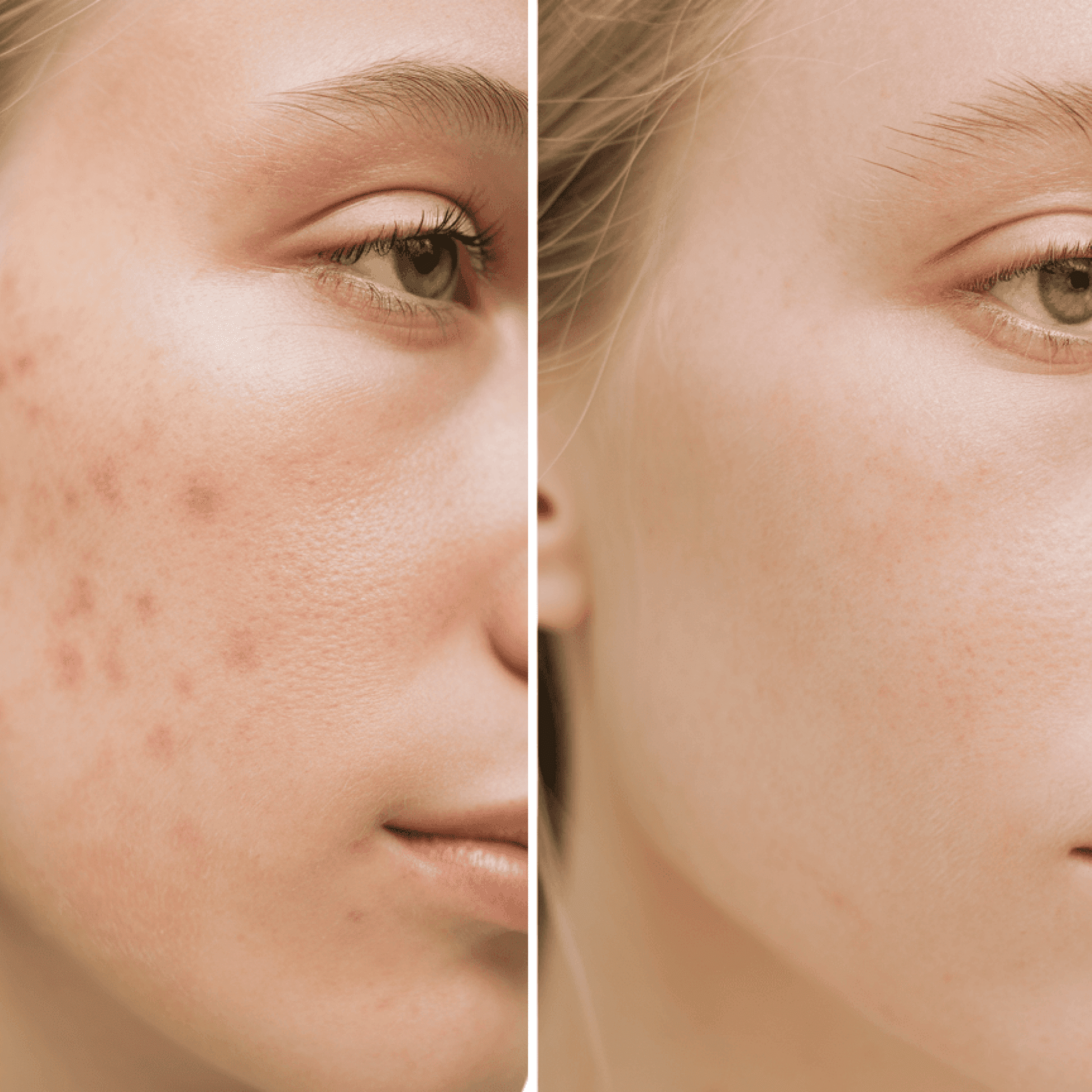 Before and after comparison of a person's face with acne on the left and clear skin on the right.