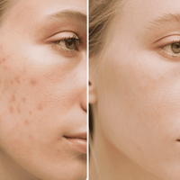 Before and after comparison of a person's face with acne on the left and clear skin on the right.