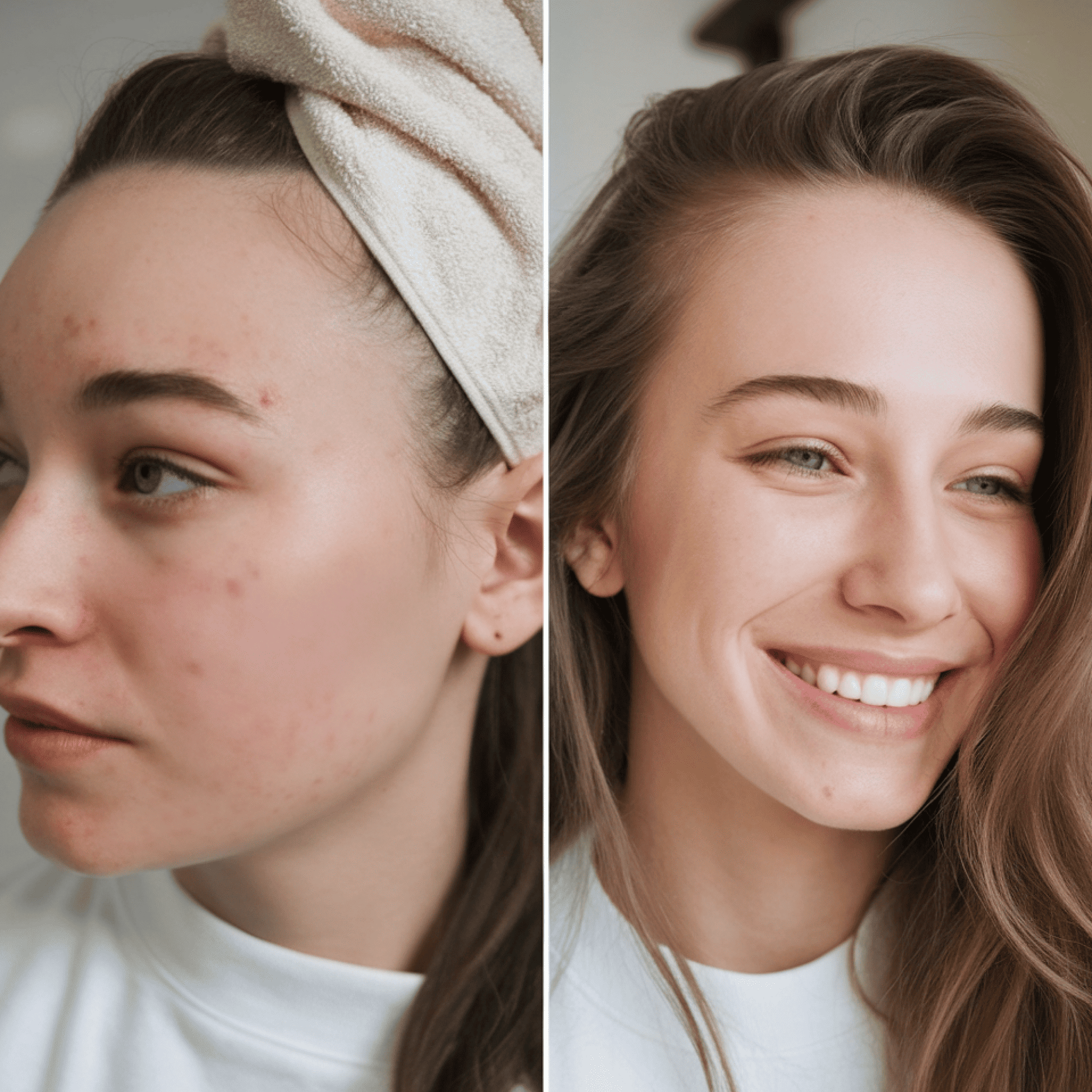 Before and after comparison of a woman's face with acne on the left and clear skin on the right.