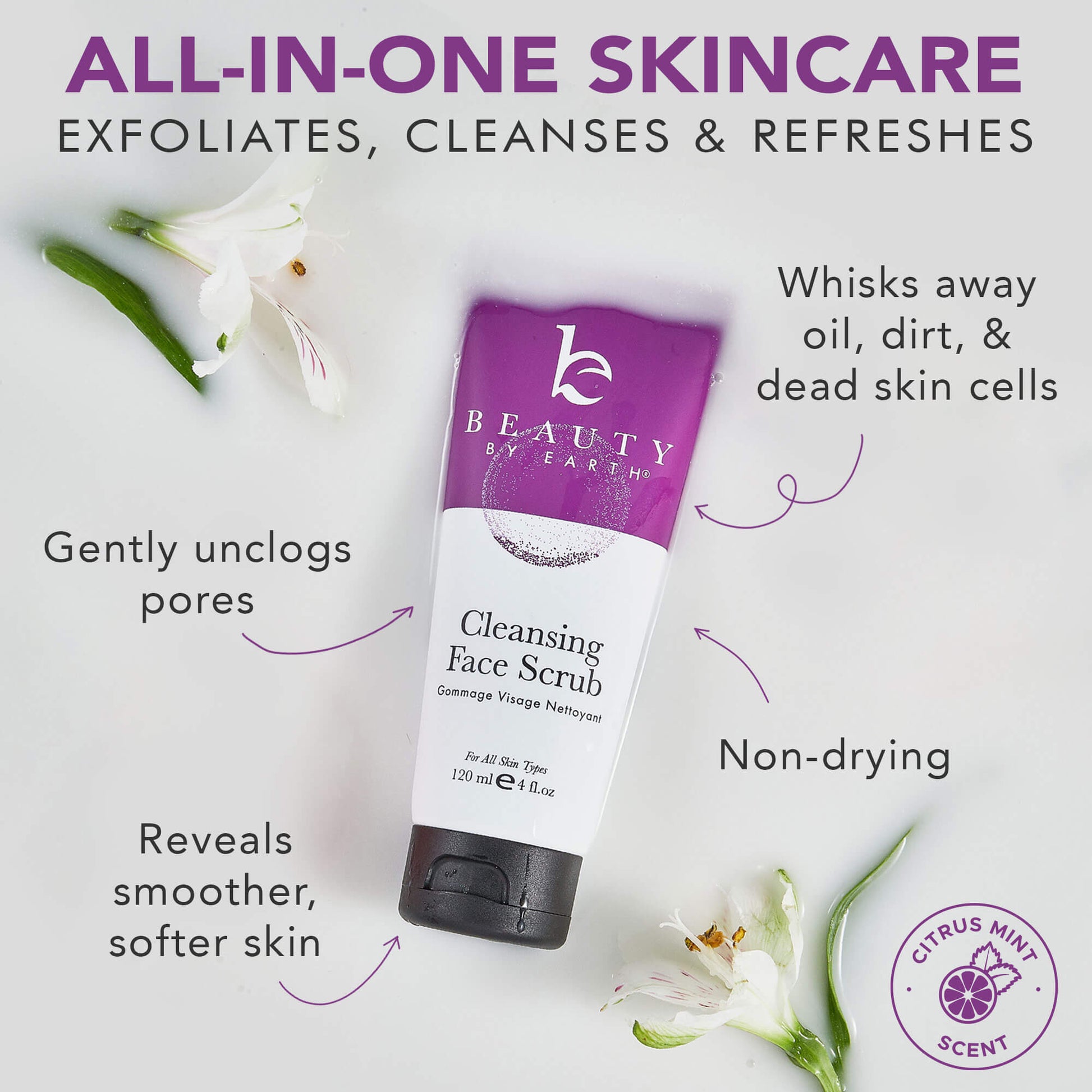 Cleansing face scrub with purple label on a white background, surrounded by white flowers.