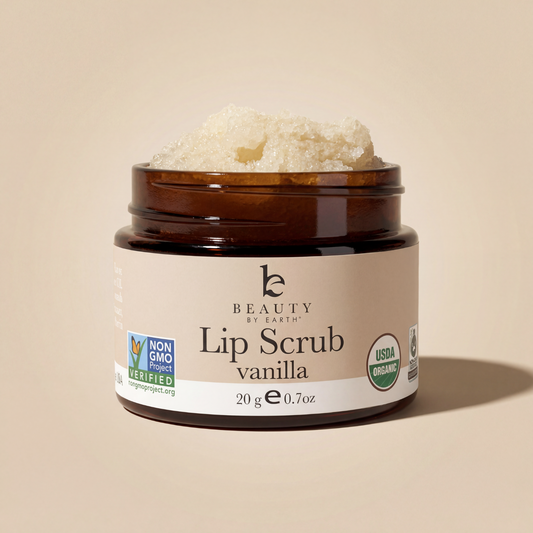 Jar of Beauty by Earth Vanilla Lip Scrub on a beige background