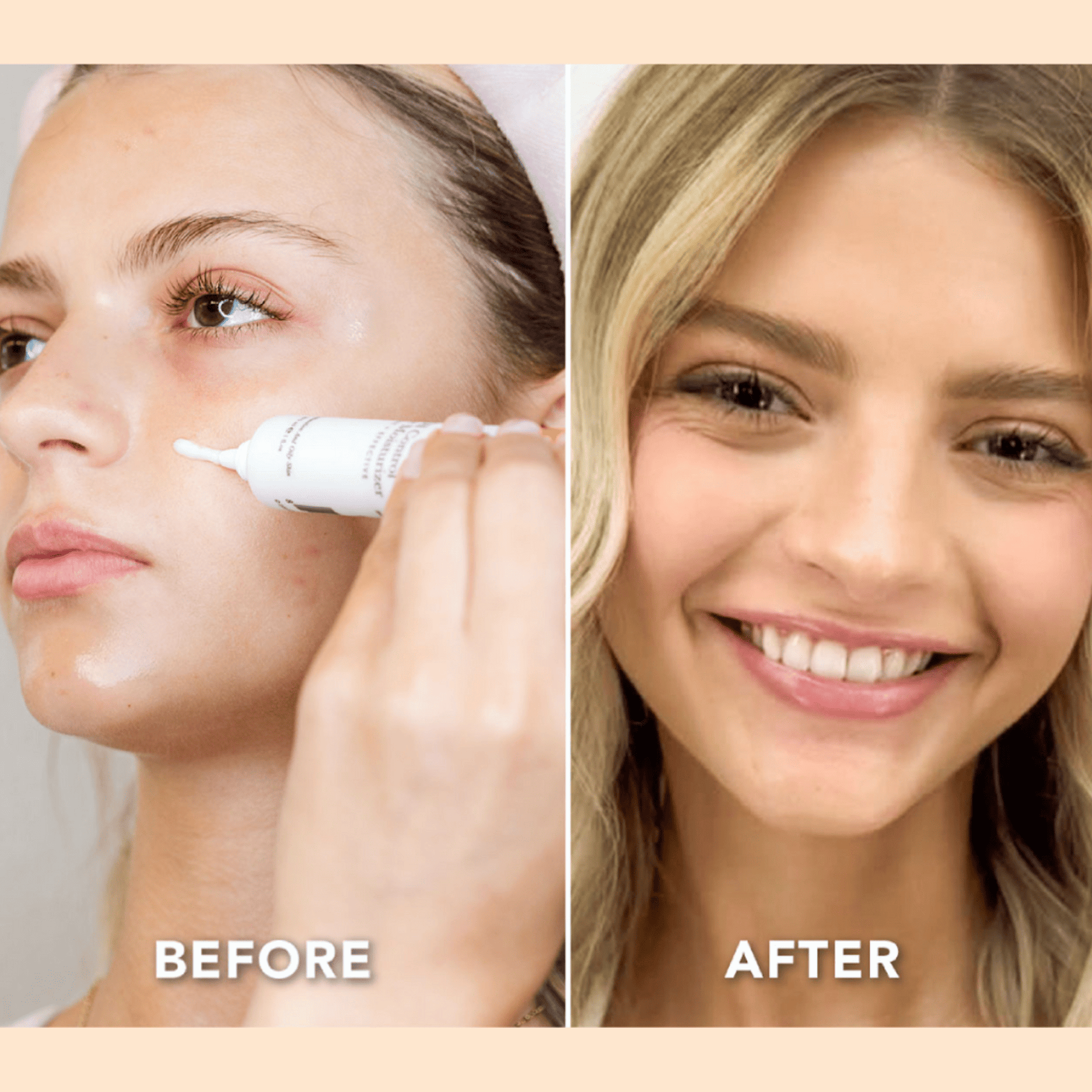 Before and after comparison of a woman applying oil control moisturizer product to her face.