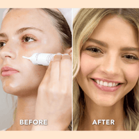 Before and after comparison of a woman applying oil control moisturizer product to her face.