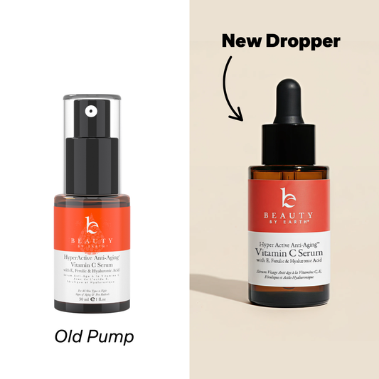 Two bottles of Beauty by Earth Vitamin C serum, one with an old pump and the other with a new dropper, on a beige background.
