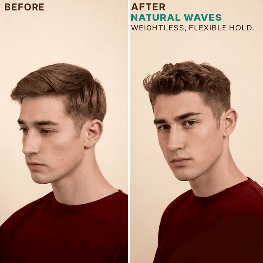 Before and after comparison of a man's hairstyle with 'Natural Waves' text.