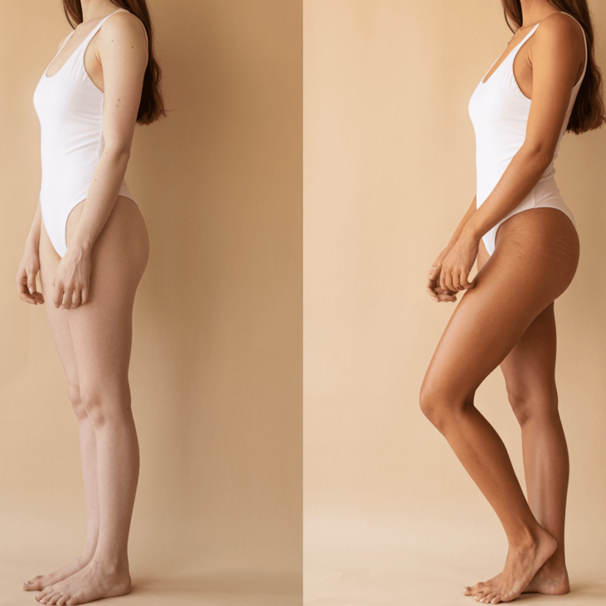 before and after comparison of a person wearing a white swimsuit against a beige background