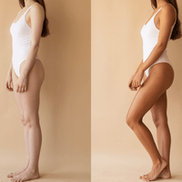 before and after comparison of a person wearing a white swimsuit against a beige background