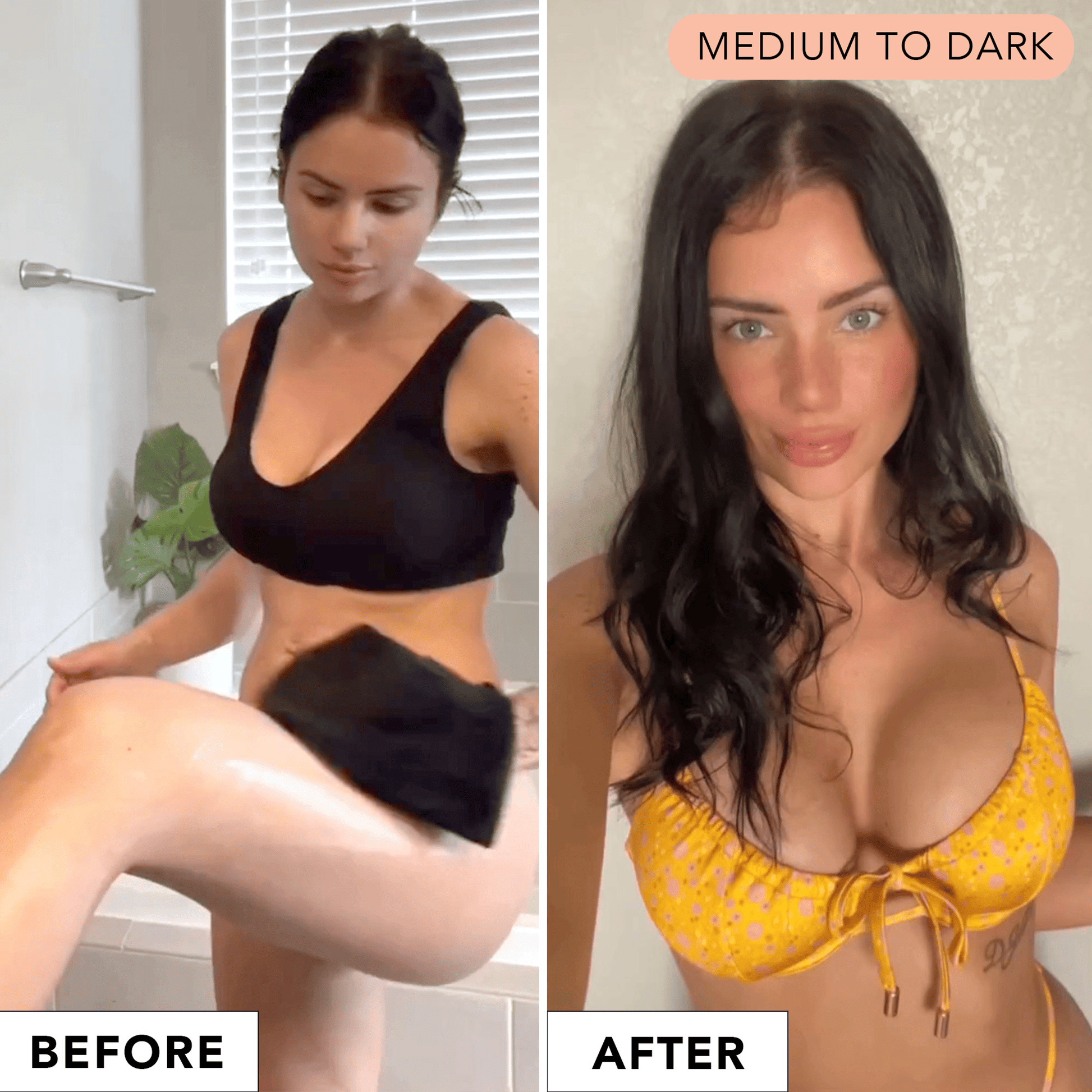 Before and after model using self tanning lotion with body applicator mitt and the results after using medium to dark