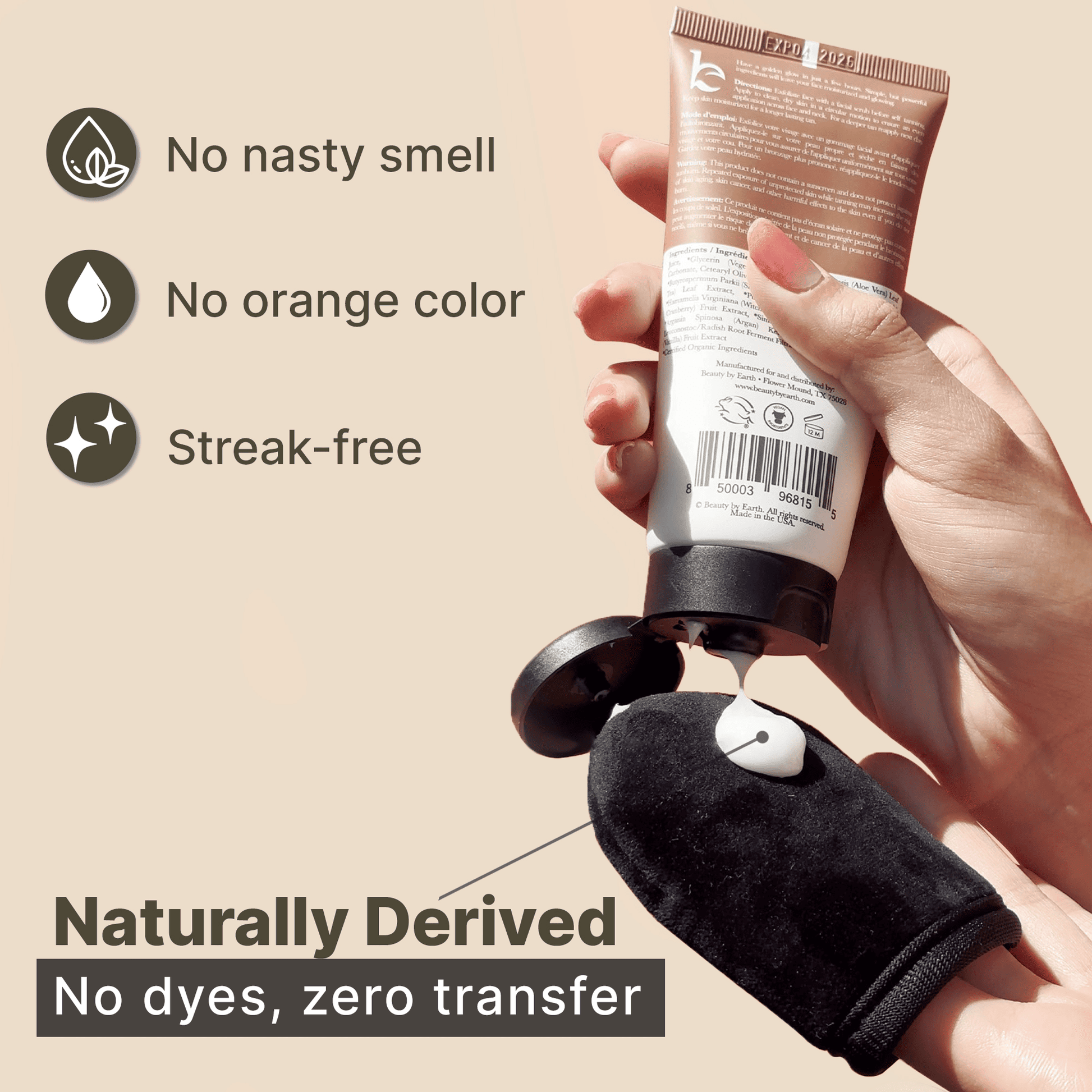 no nasty smell, no orange color, streak-free, naturally derived no dyes zero transfer, model holding face self lotion in hand and squeezing white lotion on face black applicator mitt