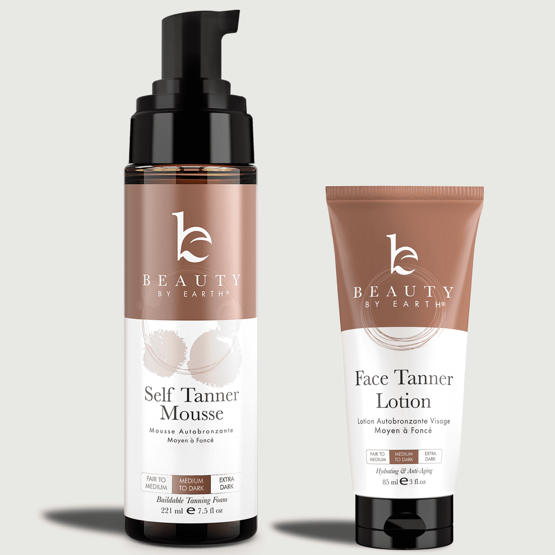 Beauty by Earth self tanning mousse and face tanner lotion medium to dark on a light gray background.