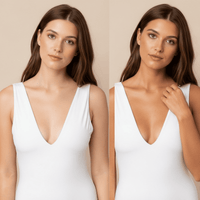 Before and after using Beauty by Earth self tanning mousse and face tanner lotion brunette model in white bikini.