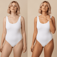 Before and after using Beauty by Earth self tanning mousse and face tanner lotion blonde model in white bikini.