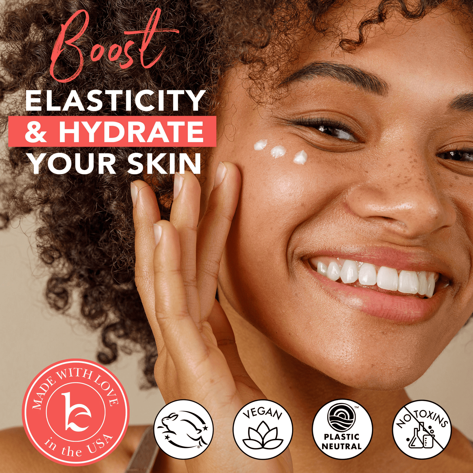 Woman applying skincare product with text 'Boost Elasticity & Hydrate Your Skin' and brand logos.