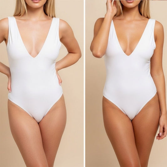 White swimsuit worn by a model on a beige background