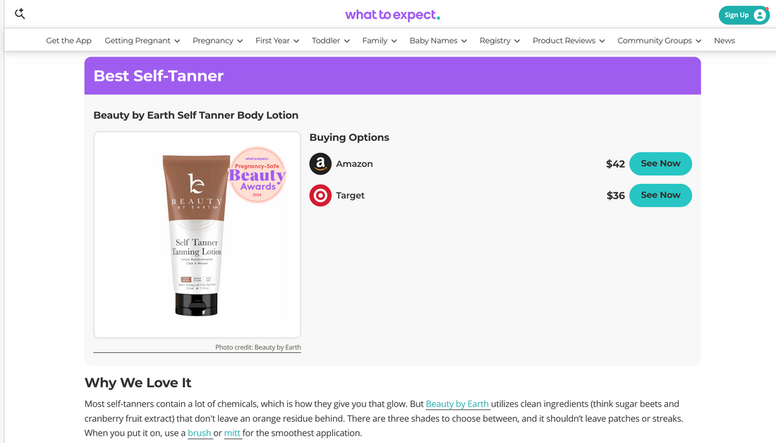Beauty by Earth wins Best Self Tanner for Pregnancy from What to Expect - 2024