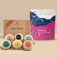 Beauty by Earth Bath Bomb Gift Set featuring six individually wrapped bath bombs alongside a Lavender Rosemary Chill Shower Steamers pouch, displayed against a warm beige background.