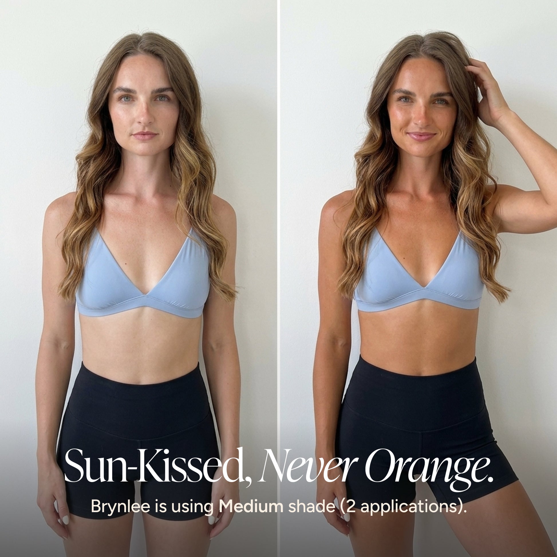 A side-by-side comparison of a woman modeling a light blue bikini top, with text at the bottom reading 'Sun-Kissed, Never Orange. Brynlee is using Medium shade (2 applications).