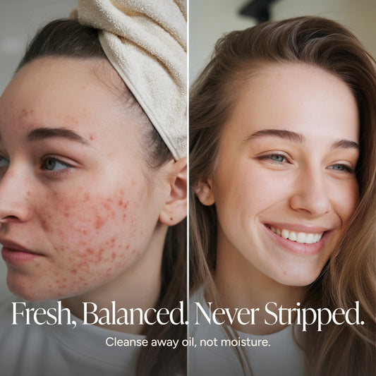 Before-and-after split screen of a woman's face showing acne improvement. The left side shows red blemishes and acne on her cheek with a beige towel wrapped around her hair.