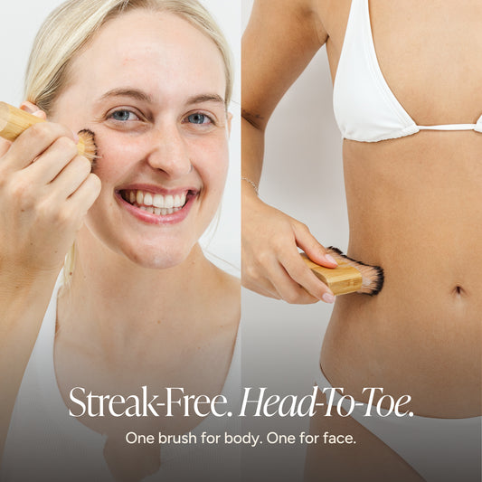A split-screen lifestyle image showing a woman applying makeup with a wooden-handled brush on her face and another woman brushing her midsection. Text at the bottom reads 'Streak-Free.