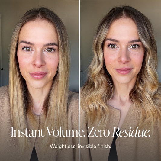 Before-and-after split screen showing a woman's hair volume transformation. The left side shows her hair flat and straight, while the right side shows it voluminous and wavy.