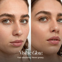 Before-and-after close-up of a woman's face showing skincare results, with the text 'Visible Glow. Fast-absorbing.
