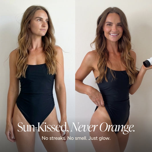 A split-panel lifestyle image showing a woman modeling a black one-piece swimsuit against a plain light background. The left panel shows her in profile, and the right panel shows her smiling and tanned.