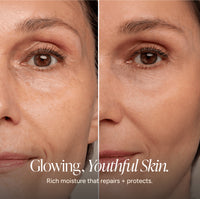 Before-and-after split screen comparison of a woman's face, focusing on the eye area to show skin texture and wrinkles. The left side shows mature, wrinkled skin under the eye, while the right side shows smoother, youthful skin.