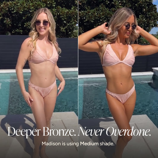 A side-by-side comparison photo of a woman showing her tan and modeling a light pink ruched bikini at a swimming pool.