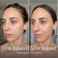 A split-screen before-and-after comparison of a woman's face, showing a skincare cleansing result. The left side shows a more oily, textured complexion, while the right side shows a cleaner, matte finish.