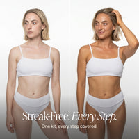 A side-by-side comparison of a woman modeling a white ribbed bikini top and matching bottoms against a light gray studio background, with the text 'Streak-Free. Every Step.