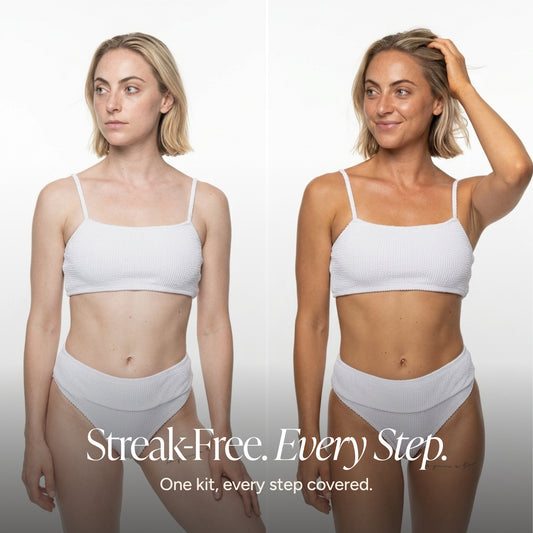 A side-by-side comparison of a woman modeling a white ribbed bikini top and matching bottoms against a light gray studio background, with the text 'Streak-Free. Every Step.