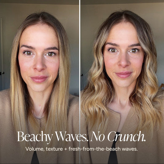 Before-and-after comparison of a woman's hair showing the 'Beachy Waves. No Crunch.