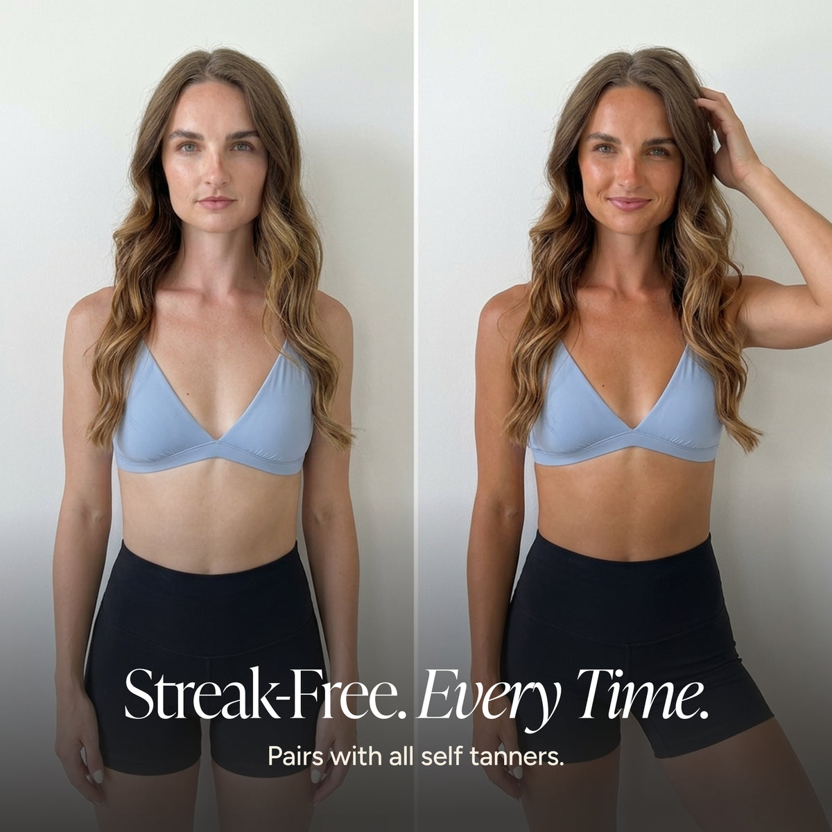 A split-screen lifestyle image showing a woman modeling a light blue bralette and black shorts against a plain light background, with text at the bottom reading 'Streak-Free. Every Time.