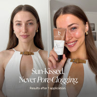 A split-screen before-and-after style beauty photo showing a woman wearing a white halter top, with the right side featuring her smiling while holding a tube of Beauty by Earth Face Tanner. Text on the image reads: 'Sun-Kissed, Never Pore-Clogging.