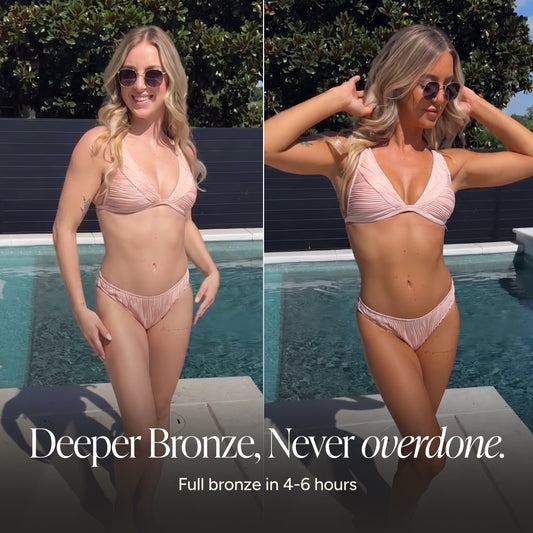 A split-screen lifestyle image of a woman wearing a light pink bikini standing by a swimming pool. Text at the bottom reads 'Deeper Bronze, Never overdone.