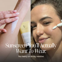 A collage showing a woman applying sunscreen cream to her arm and cheek, with a tube of sunscreen visible and text reading 'Sunscreen You'll Actually Want To Wear. No heavy or sticky residue.