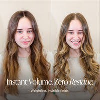Before-and-after split screen showing a woman with long, wavy brown hair. The left side shows the hair in a straight, weighed-down look, while the right side shows the hair styled in soft, voluminous waves.