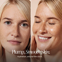 Split-screen close-up of a woman's face showing before-and-after skincare results, with freckles and wrinkles visible on the left and smoother, plumper skin on the right. Text at the bottom reads, 'Plump, Smooth Skin.