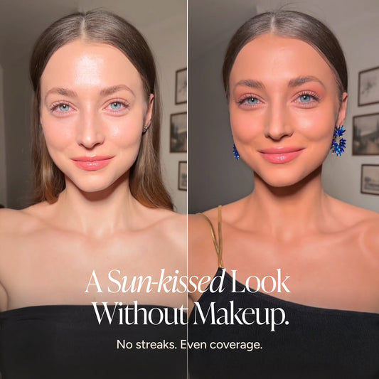 A split-screen beauty comparison showing a woman's face before and after makeup. The left side shows natural skin with light makeup, and the right side shows a sun-kissed, even-coverage look with blue floral earrings.