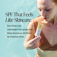 A woman in a bronze-brown swimsuit holds a tube of face sunscreen against a bright aqua water background. Text on the left reads 'SPF That Feels Like Skincare' with bullet points about zero white cast, lightweight texture, 80-minute water resistance, and no chemical filters.