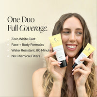 A smiling woman holds two tubes of sunscreen, one for face and one for body, against a warm beige background with promotional text reading 'One Duo Full Coverage.