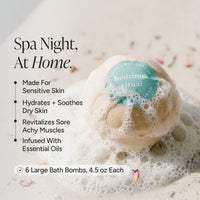 A round bath bomb labeled 'bedtime ritual' surrounded by white foam on a light surface, with marketing text on the left reading 'Spa Night, At Home.'.
