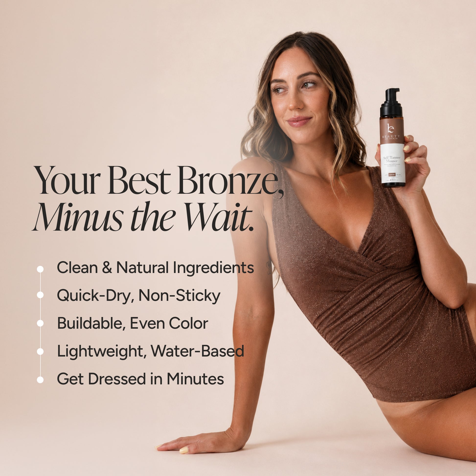 A woman in a brown bikini holds a bottle of self tanner mousse against a warm beige background, with promotional text on the left reading 'Your Best Bronze, Minus the Wait.'.