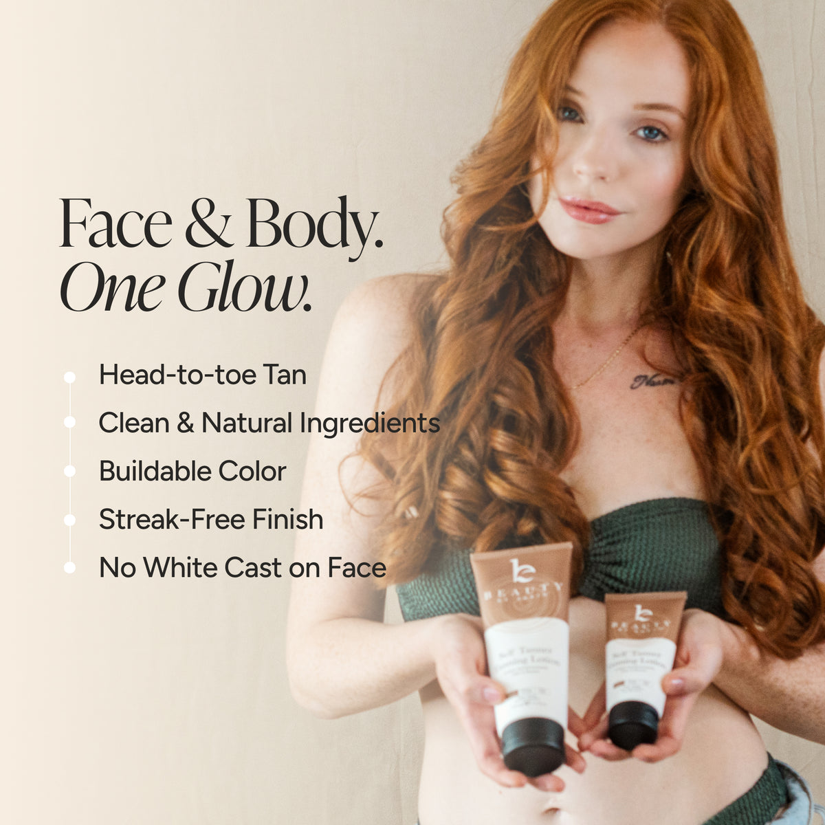 A woman with long wavy red hair holds two self tanners in her hands, set against a warm beige background with promotional text reading 'Face & Body. One Glow.