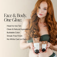 A woman with long wavy red hair holds two self tanners in her hands, set against a warm beige background with promotional text reading 'Face & Body. One Glow.